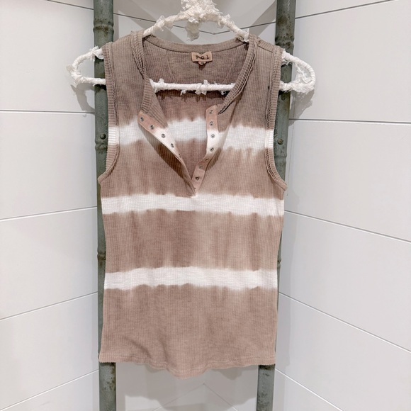 POL Tops - POL Taupe and White Striped Ribbed Tank Top